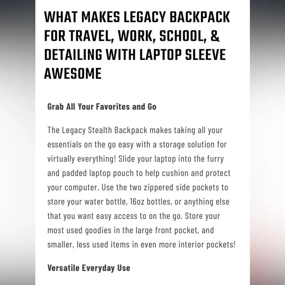 CHEMICAL GUYS BLACK LEGACY STEALTH MULTIPURPOSE BACKPACK travel school work - Picture 14 of 16